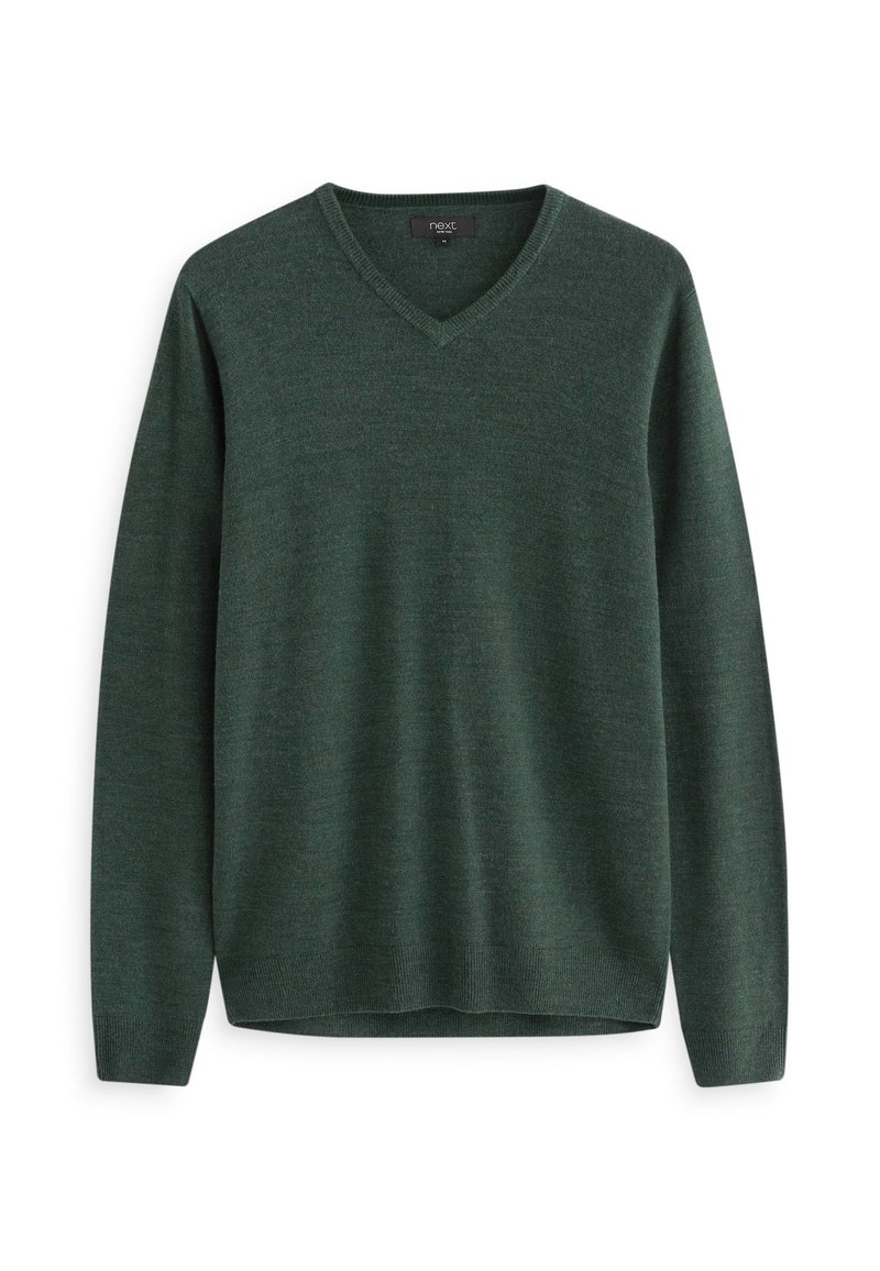Pull vert en V fabriqué en tissu tricoté doux. Caractérisé par de longues manches et un ourlet droit, avec des poignets et un ourlet côtelés.