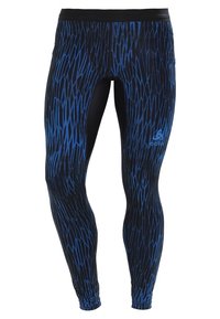 Svarta legging med ett blått abstrakt mönster, tillverkade av stretchigt tyg med en åtsittande design och en bred svart midja.