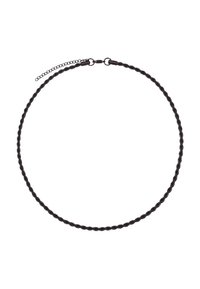 Collana nera intrecciata, caratterizzata da un design attorcigliato e una chiusura a gancio. Include una breve catena regolabile per la personalizzazione della lunghezza.