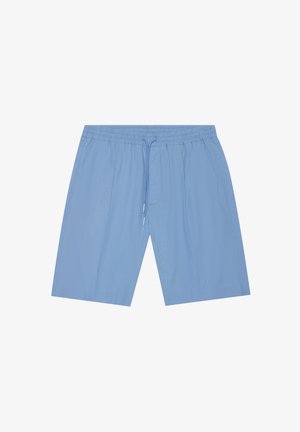 Lyseblå shorts lavet af blødt stof, med elastisk talje med snøre, sidelommer og en afslappet pasform i knælængde.