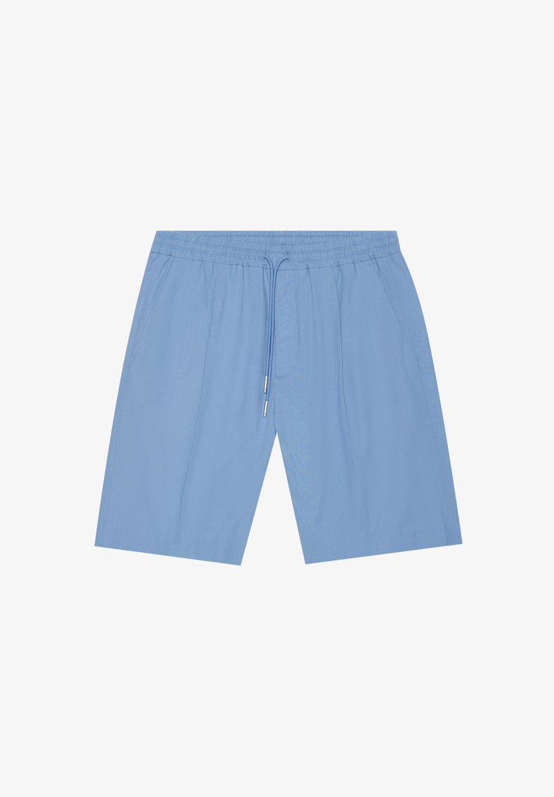 Shorts bleu clair en tissu doux, doté d'une taille élastique avec cordons, de poches latérales et d'une coupe décontractée arrivant au genou.