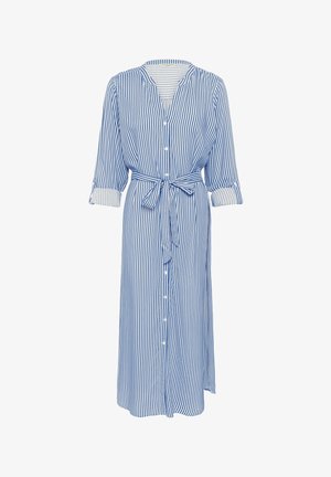 Pitkä, nappikiinnitteinen mekko, jossa on pystysuoria sinisiä ja valkoisia raitoja, sidottu vyötäröllä, kääritettävät hihat ja kaulus.