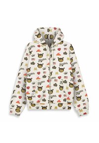 Sudadera con capucha y cremallera en tela blanca, que presenta un patrón en toda la prenda de osos, llamas, corazones y coronas en negro, rojo y dorado.