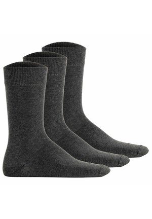 Gray cotton socks, three pairs, mid-calf length, ribbed top, smooth texture, reinforced toe and heel, simple design.