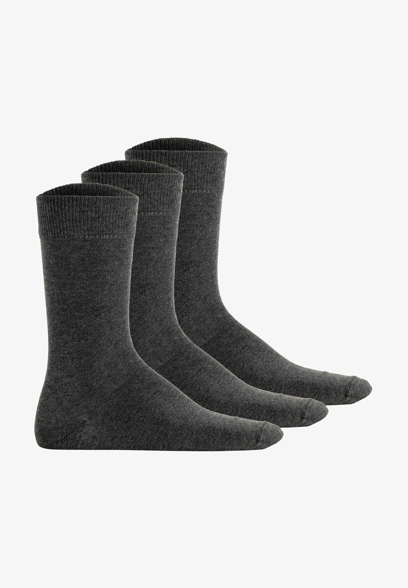 Graue Baumwollsocken, drei Paare, knöchellang, gerippter Bund, glatte Textur, verstärkter Fuß und Ferse, einfaches Design.
