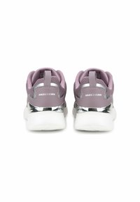 Lilac sneakers with a mesh upper, silver reflective accents, and a white sole. Features a cushioned collar and back tab for easy wear.