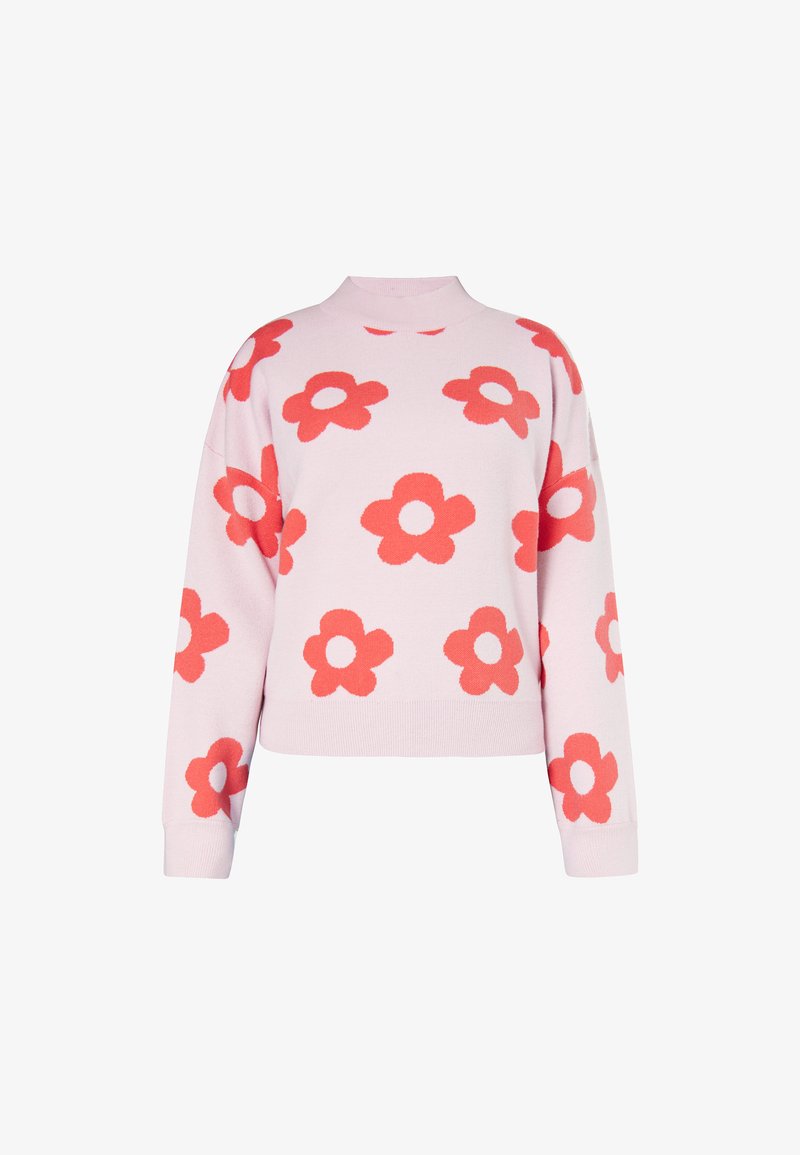 Maglione rosa chiaro con collo alto e maniche lunghe, caratterizzato da un audace motivo floreale in corallo e bianco. Texture morbida e lavorata a maglia.