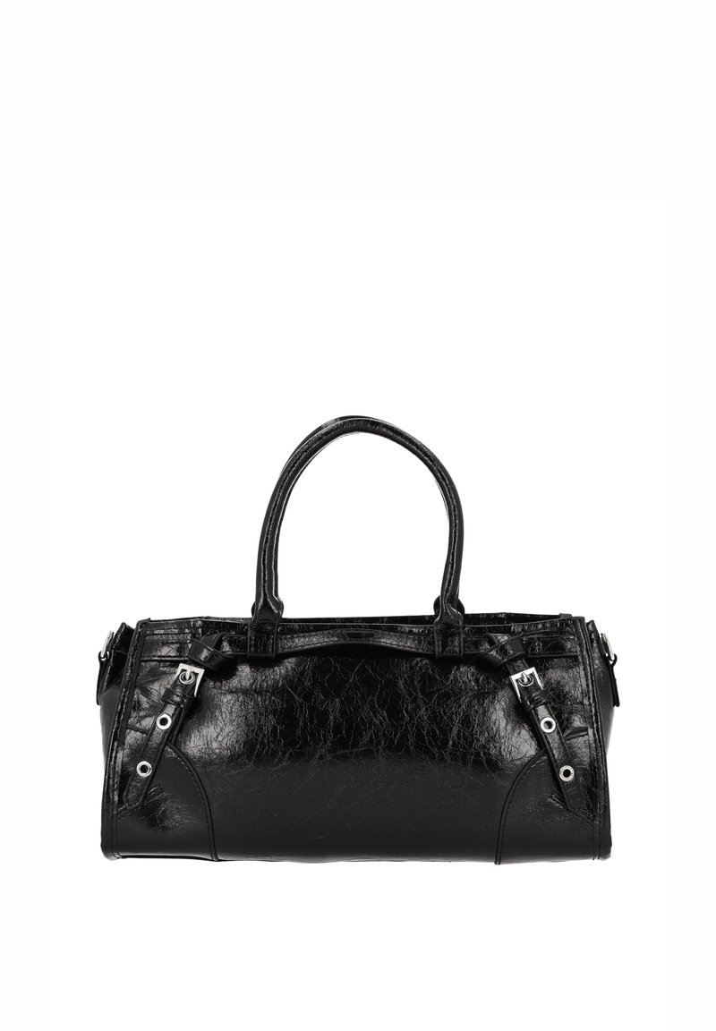 Sac à main noir en matériau synthétique brillant avec deux poignées supérieures, fermeture éclair et accents métalliques sur les côtés. Texture lisse, forme cylindrique.
