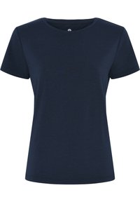 Short-sleeve T-shirt in navy blue, made of soft cotton fabric, featuring a round neckline and a relaxed fit. No patterns or embellishments.