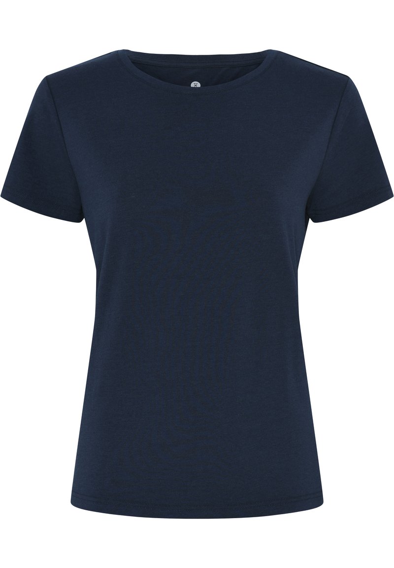 Short-sleeve T-shirt in navy blue, made of soft cotton fabric, featuring a round neckline and a relaxed fit. No patterns or embellishments.