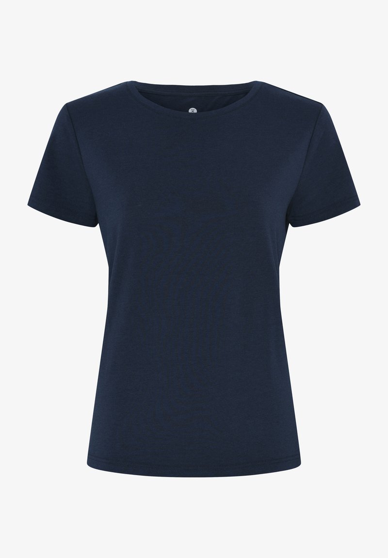 Short-sleeve T-shirt in navy blue, made of soft cotton fabric, featuring a round neckline and a relaxed fit. No patterns or embellishments.