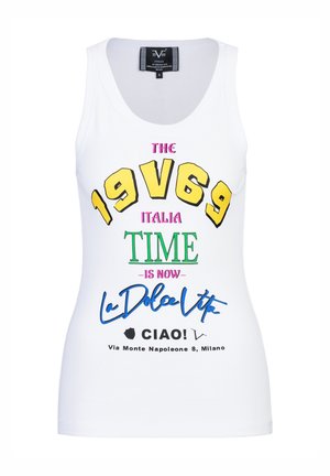Débardeur blanc sans manches avec un texte coloré indiquant "THE 19V69 ITALIA TIME IS NOW La Dolce Vita CIAO !" et une adresse à Milan en dessous.