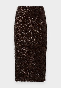 Falda lápiz de lentejuelas marrón oscuro con cintura alta y dobladillo a la altura de la rodilla, que refleja la luz para un efecto brillante.