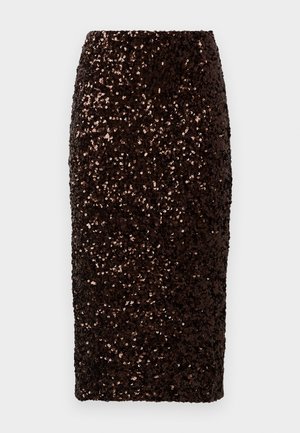 Dunkelbrauner Pailletten-Bleistiftrock mit hoher Taille und knielangem Saum, der das Licht reflektiert und einen schimmernden Effekt erzielt.