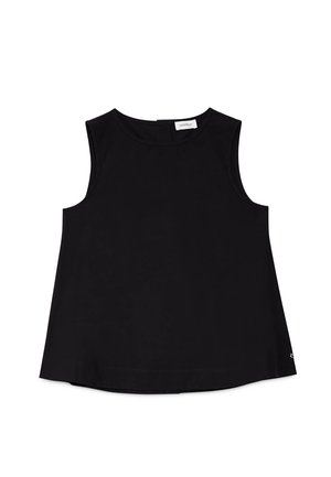 Čierna bezrukávová blúzka s okrúhlym výstrihom a mierne rozšíreným lemom, zobrazená na bielom pozadí.