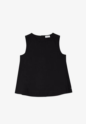 Čierna bezrukávová blúzka s okrúhlym výstrihom a mierne rozšíreným lemom, zobrazená na bielom pozadí.
