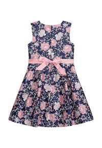 Florales Kleid mit marineblauem Grundton, pinkem Blumenmuster, ärmellosem Design und einem pinkfarbenen Satin-Gürtel mit Schleife in der Taille.