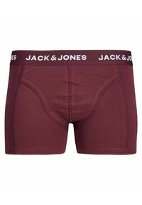 Burgunderfarbene Boxershorts mit einem weißen Markenbund, die eine weiche Textur und eine enge Passform bieten. Enthält ein konturiertes Pouch-Design.
