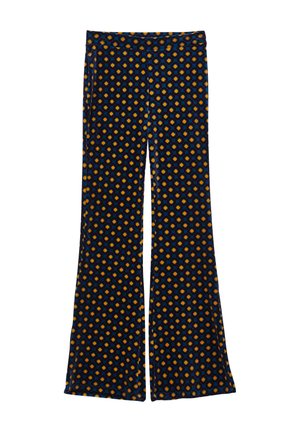 Navy flared pants with an orange and yellow geometric pattern, made from soft fabric, featuring an elastic waistband and smooth texture.