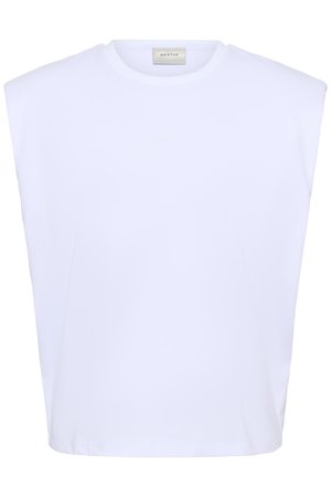 Haut blanc sans manches avec épaules structurées, encolure ronde et logo discret en relief au centre devant.
