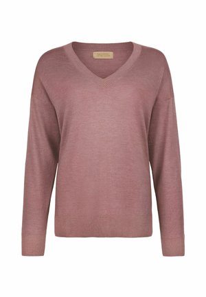 Długi sweter z kaszmiru w kolorze fioletowawym z dekoltem w serek, z prążkowanymi mankietami i obszyciem, oznaczony jako "Falconeri 100% czysty kaszmir."