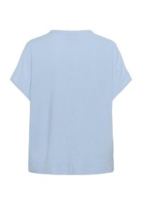 Haut bleu clair à manches courtes avec une coupe ample. Présentant une emmanchure au dos et un ourlet droit, fabriqué en tissu texturé.