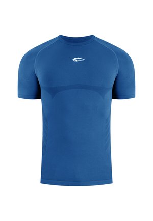 Blauw sportshirt met korte mouwen, ronde hals en een klein wit logo in het midden van de borst.