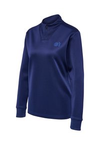 Pull-over bleu marine à manches longues avec fermeture éclair quart et petit logo HML sur le côté gauche de la poitrine.