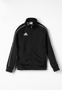 Zwarte sportjack met hoge kraag, volledige rits, witte strepen langs de mouwen en het Adidas-logo op de linkerborst. Gladde stof.