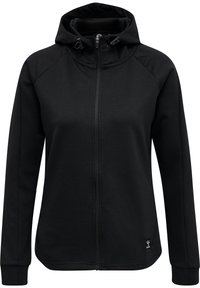 Black zip-up hoodie with hood, featuring soft fabric, raglan sleeves, and a logo tag at the lower left. Includes adjustable drawstrings.