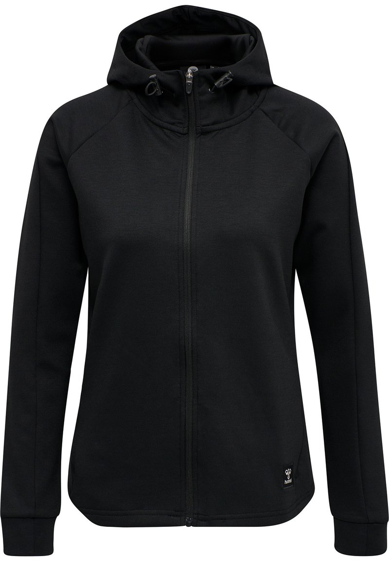 Black zip-up hoodie with hood, featuring soft fabric, raglan sleeves, and a logo tag at the lower left. Includes adjustable drawstrings.