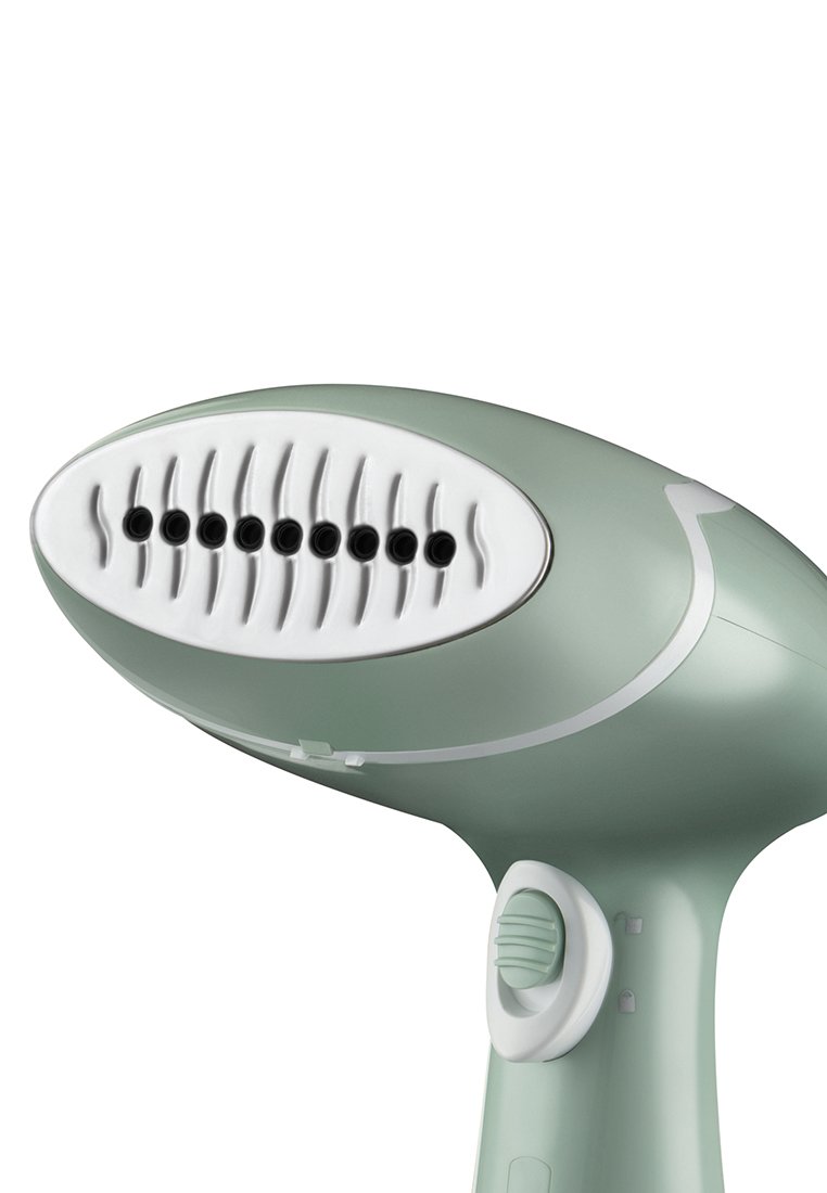 Vaporizador con un cuerpo curvado de color verde menta y salida de vapor blanca. Cuenta con múltiples orificios de vapor, un dial de control y un agarre ergonómico.