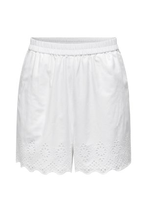 Pantaloni corti bianchi in cotone con vita elastica e orlo scallopato, arricchiti da ricami floreali lungo il bordo inferiore. Leggeri e traspiranti.