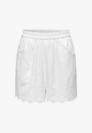 Pantaloni corti bianchi in cotone con vita elastica e orlo scallopato, arricchiti da ricami floreali lungo il bordo inferiore. Leggeri e traspiranti.