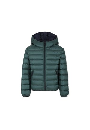 Giacca a vento verde con cappuccio, chiusura con zip, polsini elasticizzati e tasche laterali. Design trapuntato con una texture e foderatura interna blu navy.
