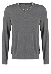 Grå v-ringad tröja gjord av mjukt stickat material. Har långa ärmar och ribbade muddar, med en kontrasterande kragsnibb.