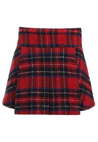 Rode en zwarte geruite mini-jurk met plooien, gemaakt van textuurstof. Heeft een tailleband en contrasterende lijnen in blauw en wit.