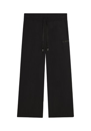 Mustat leveälahkeiset housut, joissa on joustava vyötärönauha, nyöri, sivutaskut ja hienovarainen tekstiyksityiskohta oikeassa reisessä.