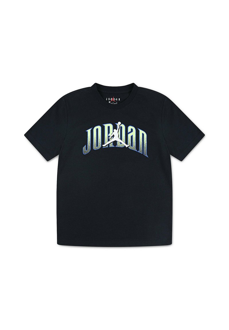Camiseta negra de manga corta de Jordan con el gran texto en blanco y azul "JORDAN" y un logo Jumpman blanco en el centro.