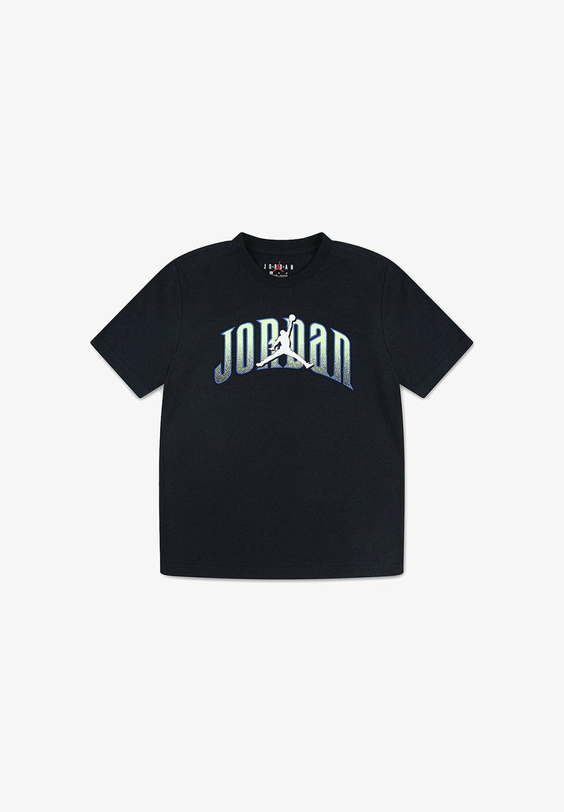 Camiseta negra de manga corta de Jordan con el gran texto en blanco y azul "JORDAN" y un logo Jumpman blanco en el centro.