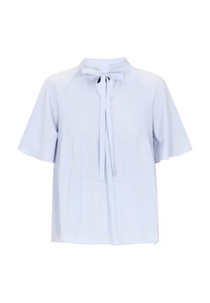 Light blue short-sleeve blouse with a pleated design, round neckline, and tie detail at the front. Smooth fabric with a relaxed fit.