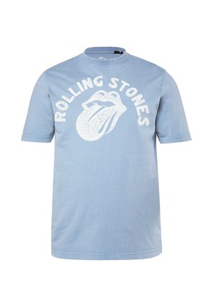 T-shirt azzurro chiaro a maniche corte con logo dei Rolling Stones in stile usurato bianco, raffigurante bocca aperta e lingua in primo piano.
