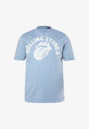 T-shirt azzurro chiaro a maniche corte con logo dei Rolling Stones in stile usurato bianco, raffigurante bocca aperta e lingua in primo piano.
