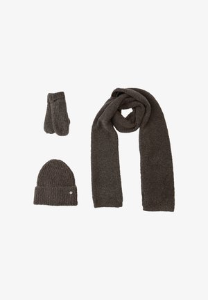 Gray knit accessory set including a beanie, scarf, and mittens. Features textured fabric and a simple design. Soft and warm appearance.