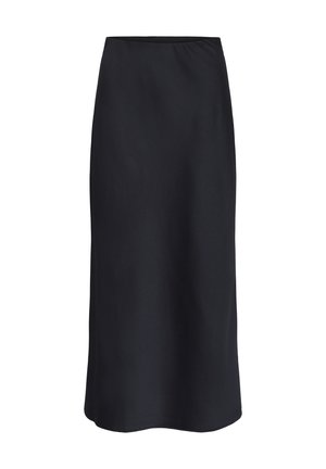 Čierna midi sukňa z hladkej látky s jemným leskom. Klasický rovný strih s elastickým pásom a bez viditeľných švov alebo vzorov.