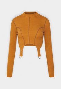 Senapsgul, ribbad, långärmad crop top med hög krage och metalldetaljer i form av ringar, med böjda sömmar och en tajt passform.