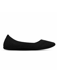 Chaussure ballerine plate en tissu tricoté noir avec bout arrondi et semelle basse, vue de côté sur fond blanc.