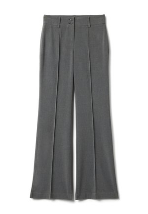 Grijze broek met wijde pijpen, voorvouwen, riemlussen en dubbele knoopsluiting in de tailleband.