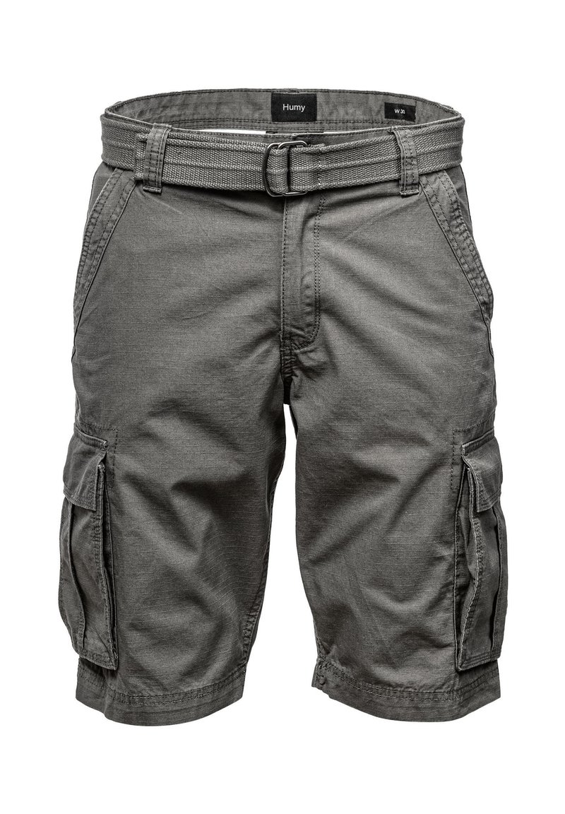 Gray cargo shorts made of cotton-blend fabric. Features include a belt, multiple side pockets, and a straight hem. Size label visible.