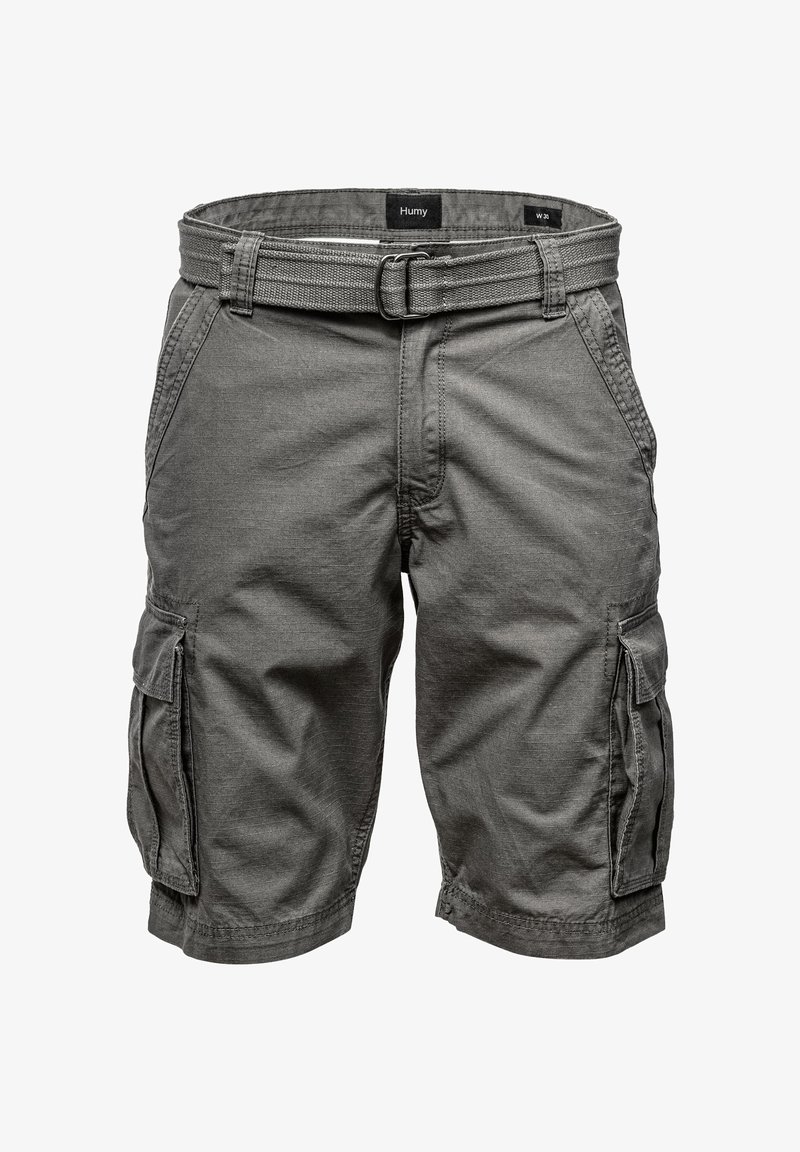 Gray cargo shorts made of cotton-blend fabric. Features include a belt, multiple side pockets, and a straight hem. Size label visible.
